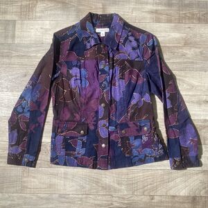 Coldwater Creek Women’s Purple Burgundy Floral Denim Stretch Jean Jacket Size P8